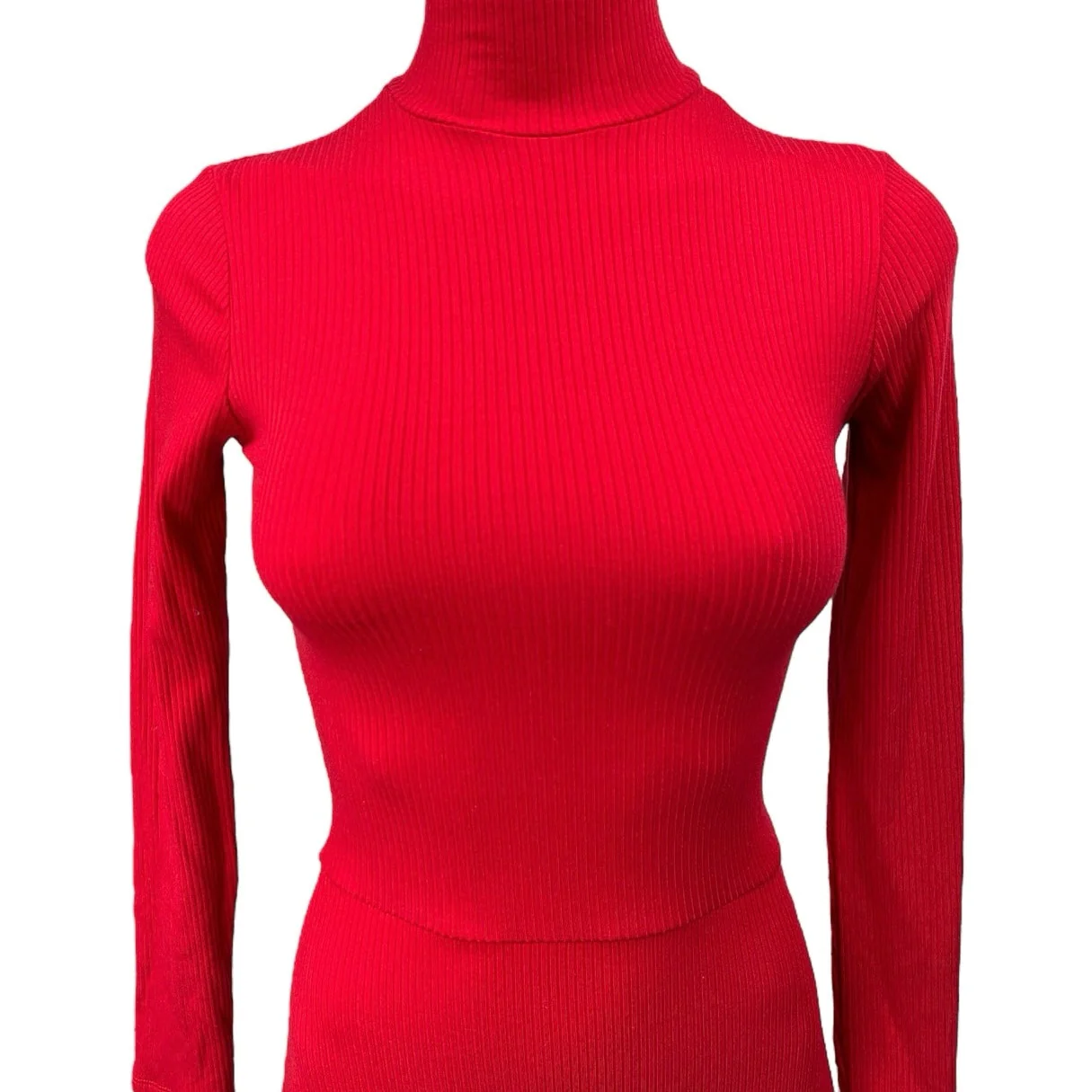 Reformation Jeans Red Turtleneck Ribbed Knit Long Sleeve Bodysuit Mini Dress XS - Image 3