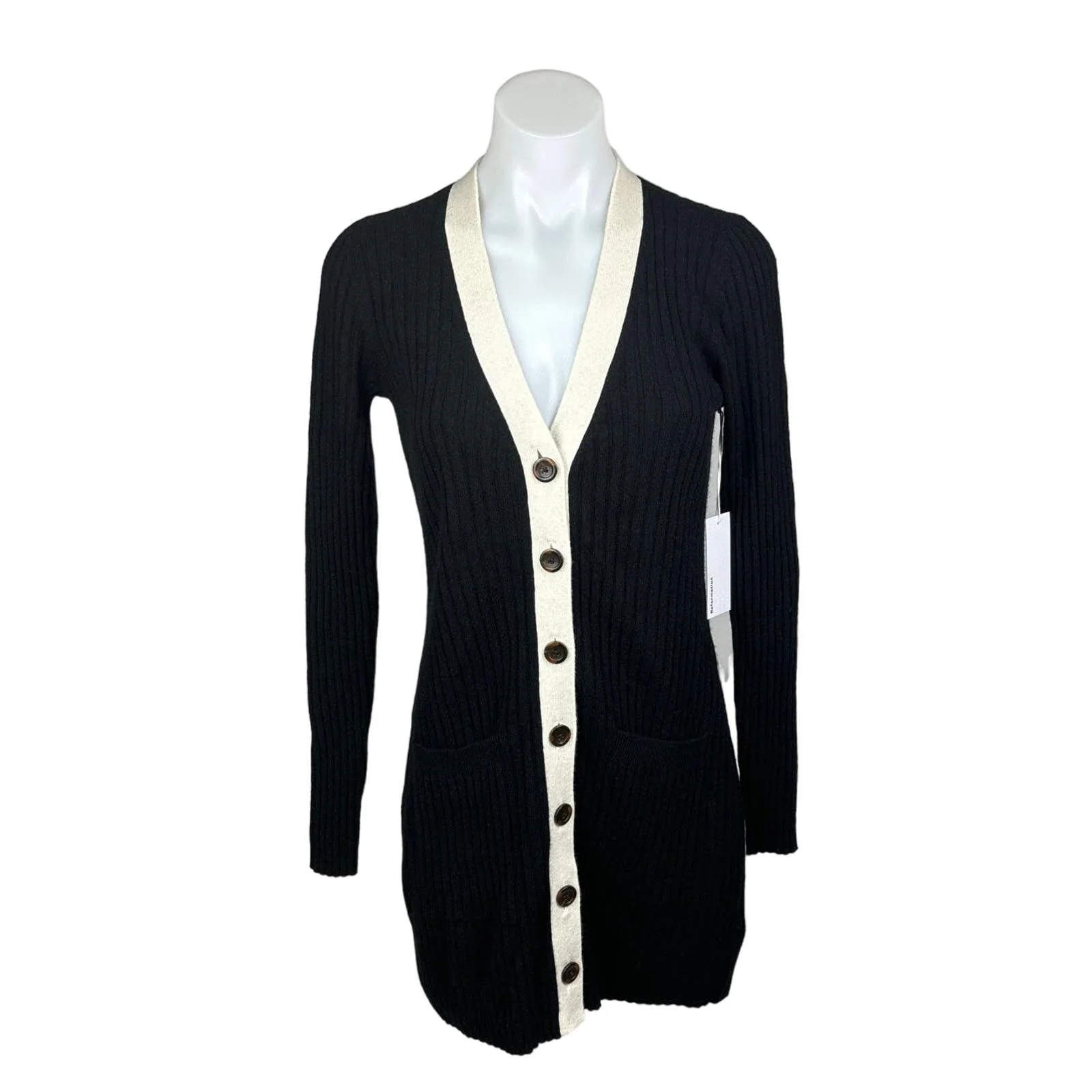 Reformation NWT $298 Black Cashmere Ribbed V Neck Button Up Sweater Dress Size S