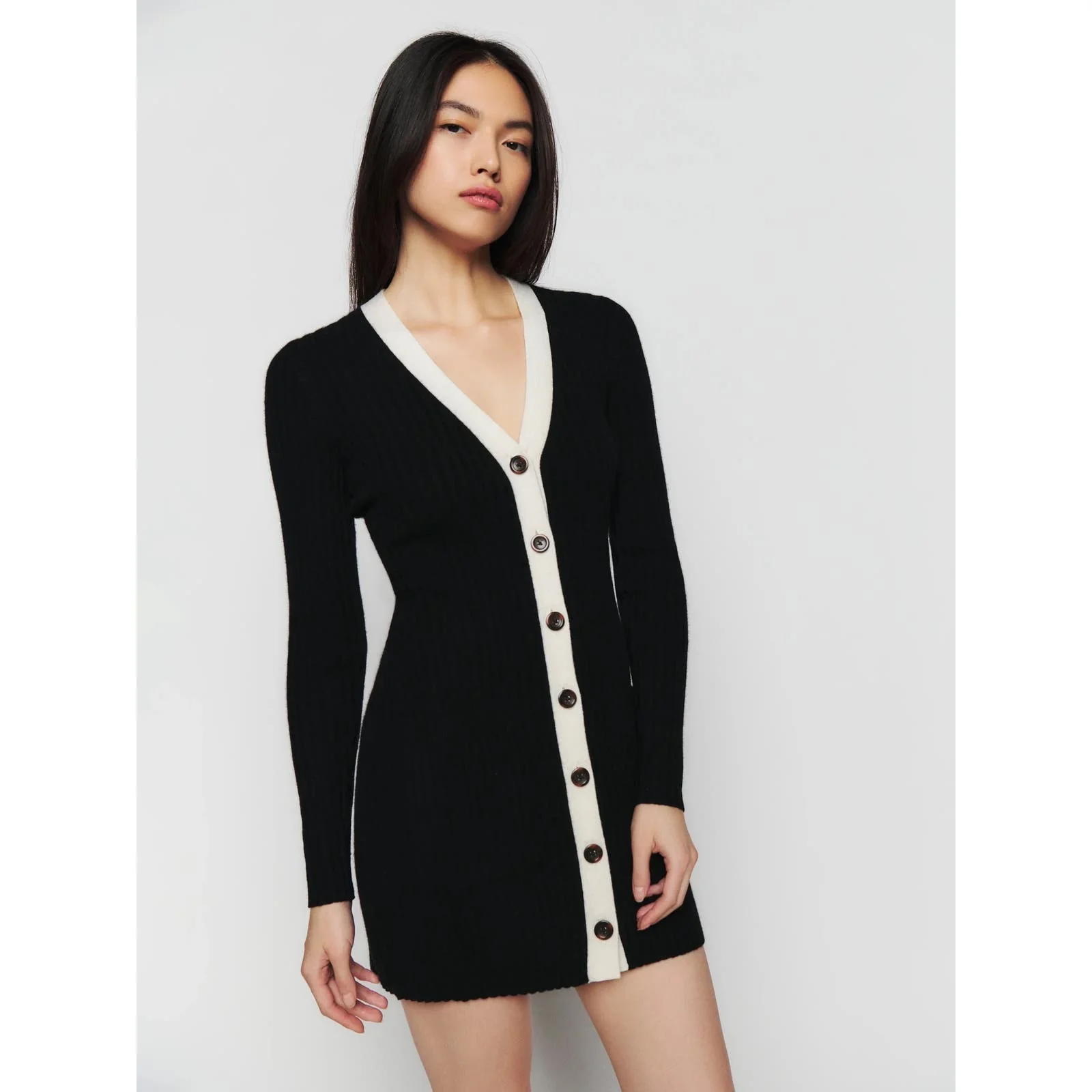 Reformation NWT $298 Black Cashmere Ribbed V Neck Button Up Sweater Dress Size S - Image 4
