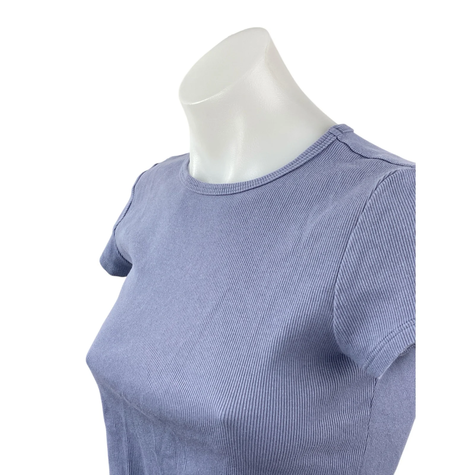 Reformation Purple Blue Ribbed Knit Short Sleeve Crew Neck Crop Baby Tee Top M - Image 2