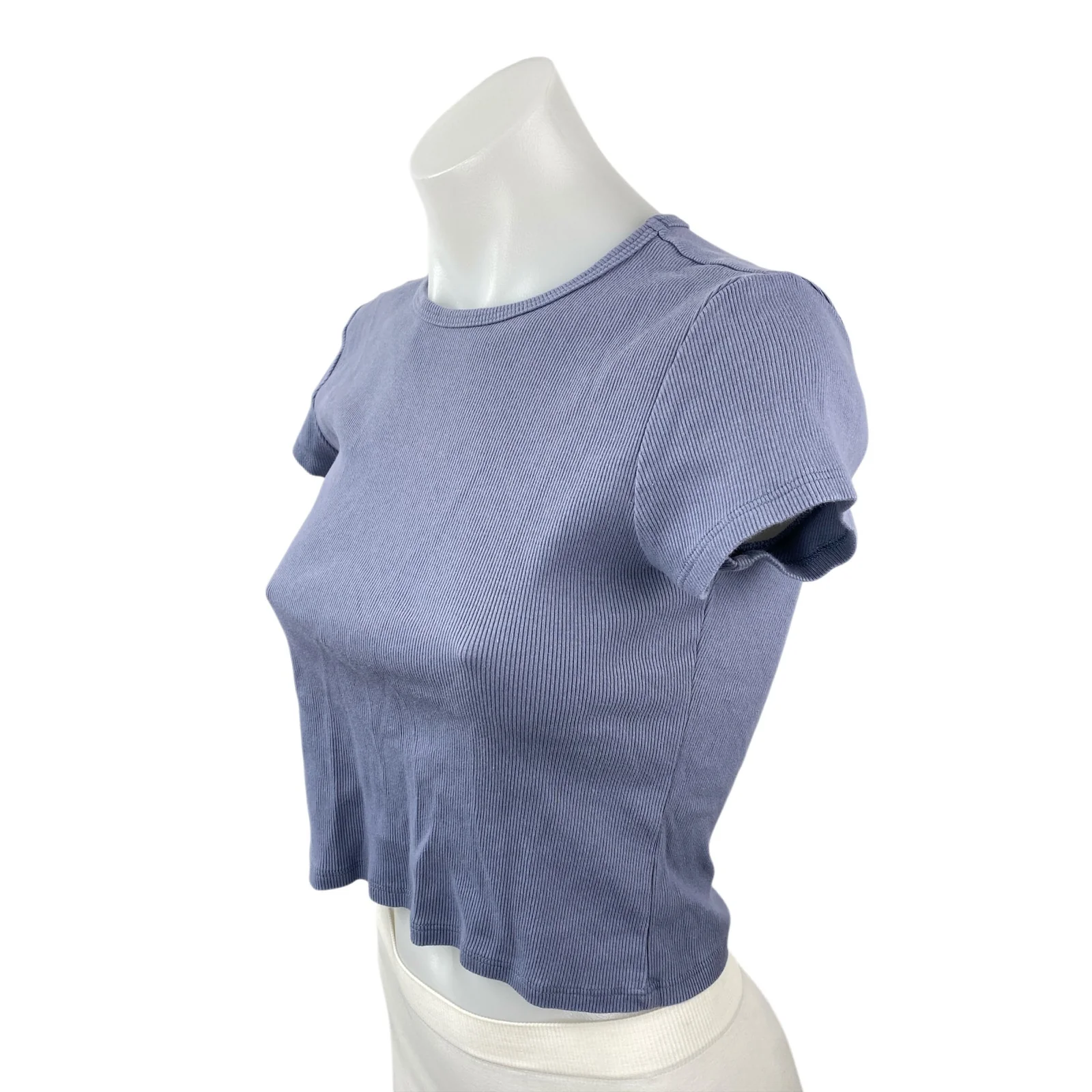 Reformation Purple Blue Ribbed Knit Short Sleeve Crew Neck Crop Baby Tee Top M - Image 3