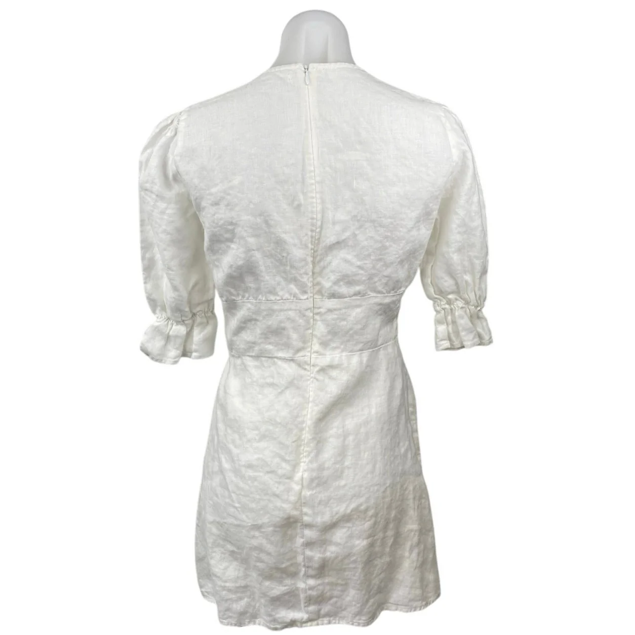 Reformation Simi 100% Linen Womens White V-neck Short Puff Sleeeve Mini Dress 4 - Image 3