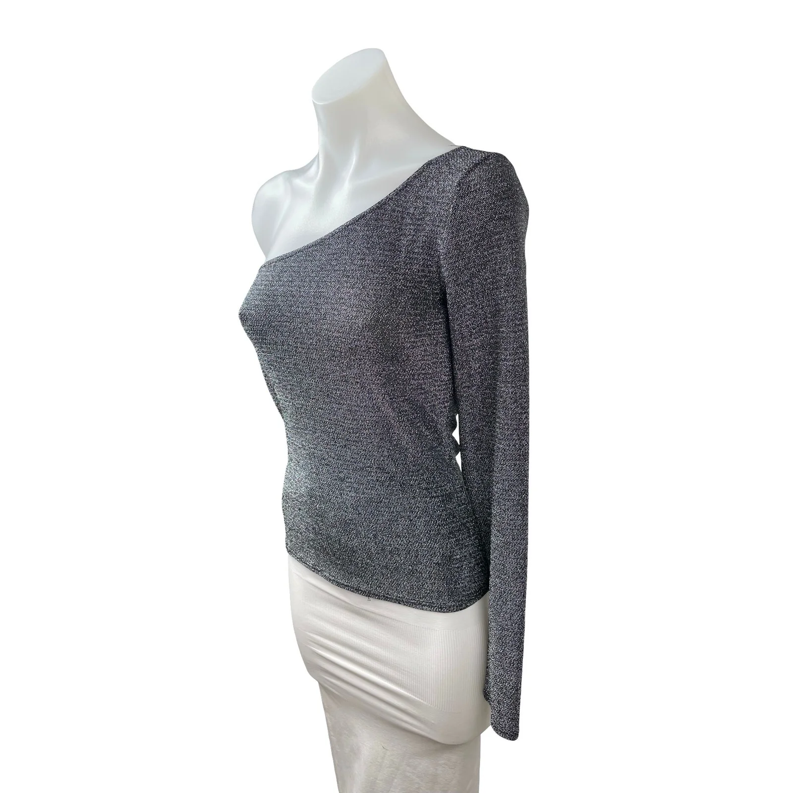 Reformation Sparkly Sterling Metallic Gray One Shoulder Long Sleeve Blouse Top S - Image 2