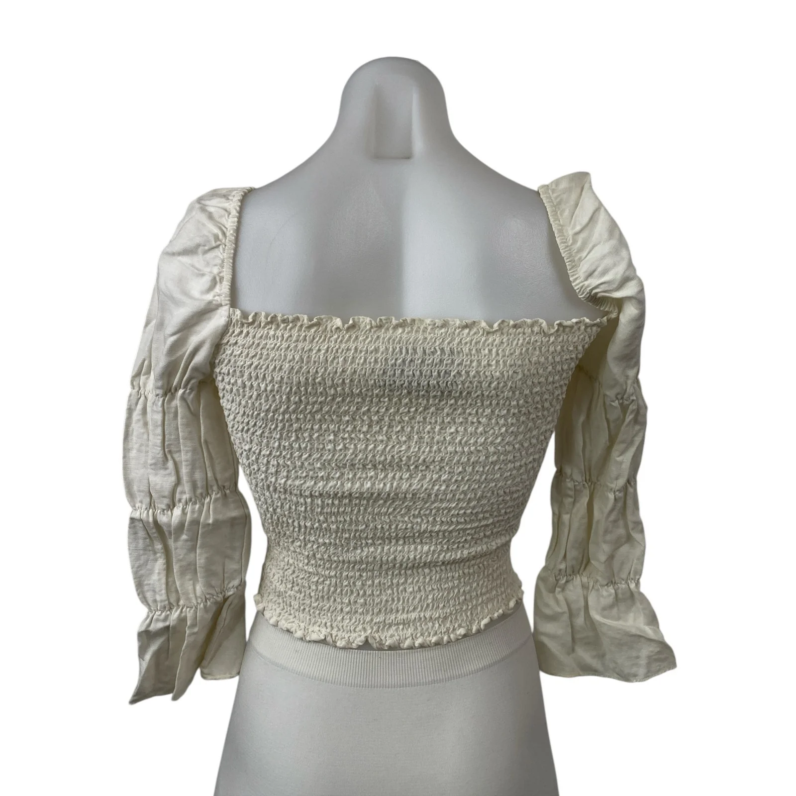 Reformation White Linen Smocked Square Neck 3/4 Puff Sleeve Crop Blouse Top XS - Image 2