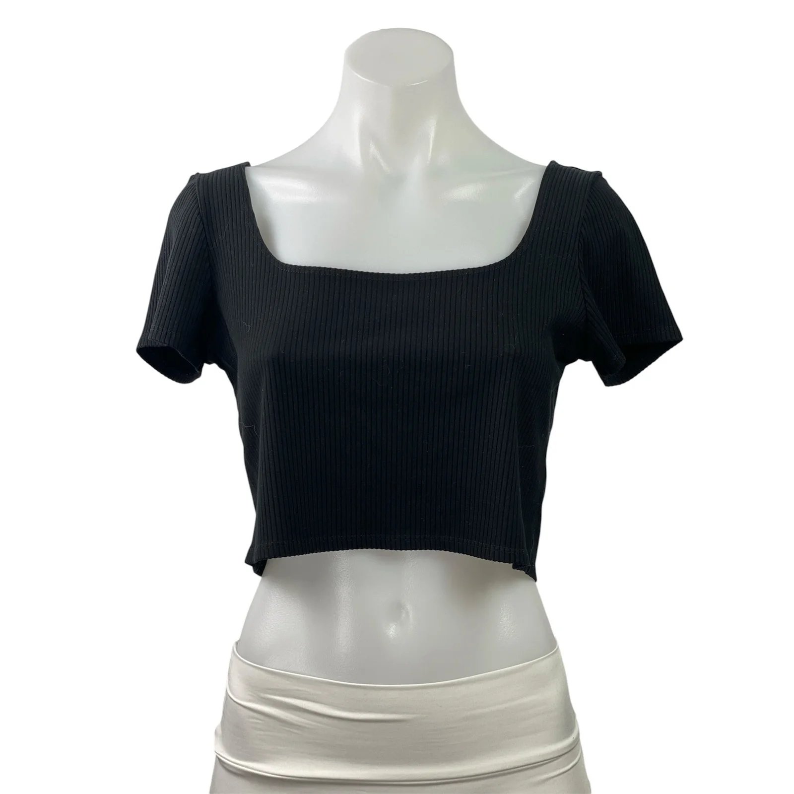 Reformation Women's Black Ribbed Knit Square Neck Short Sleeve Crop Top Size L
