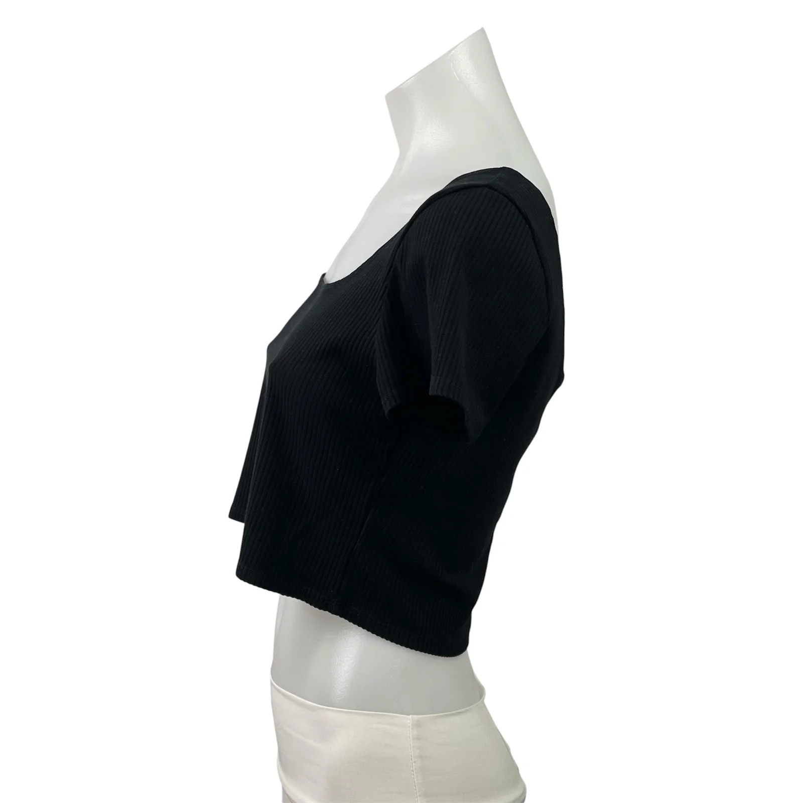 Reformation Women's Black Ribbed Knit Square Neck Short Sleeve Crop Top Size L - Image 2