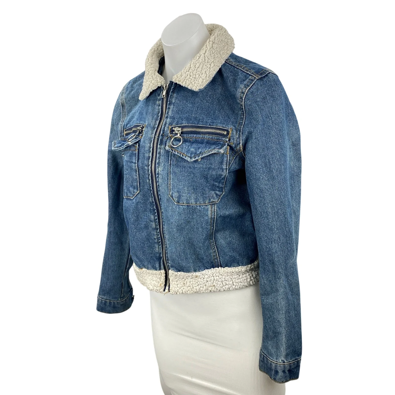 Refuge Women's Blue Sherpa Trim Full Zip Long Sleeve Trucker Denim Jean Jacket S - Image 2