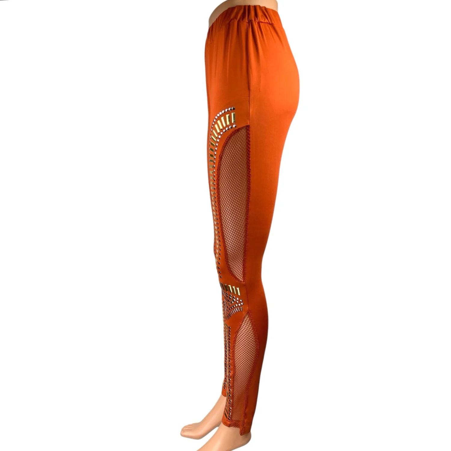 Rehab Orange Studded Fishnet Jeweled Skinny Mid Rise Trousers Leggings Pants L - Image 2