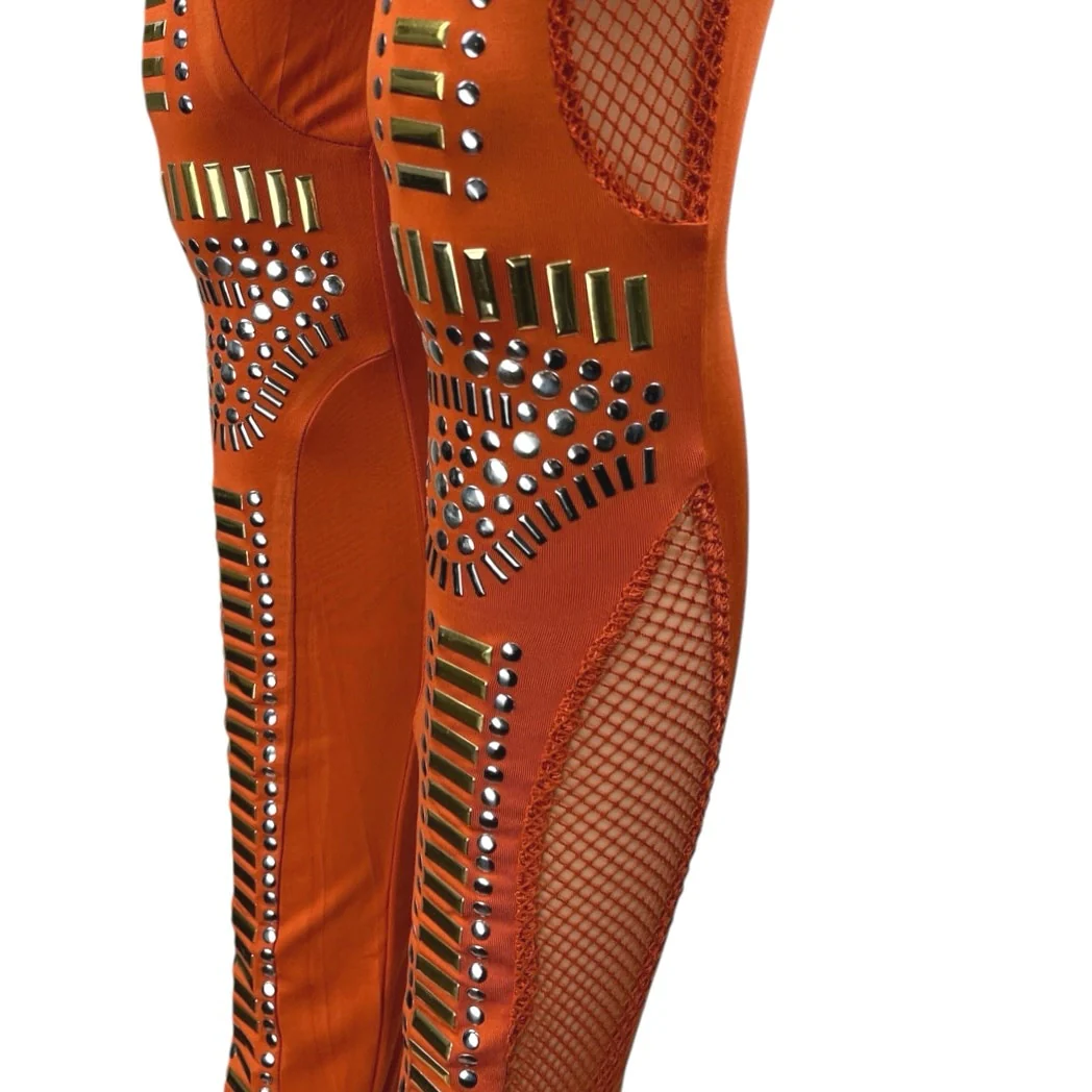 Rehab Orange Studded Fishnet Jeweled Skinny Mid Rise Trousers Leggings Pants L - Image 5
