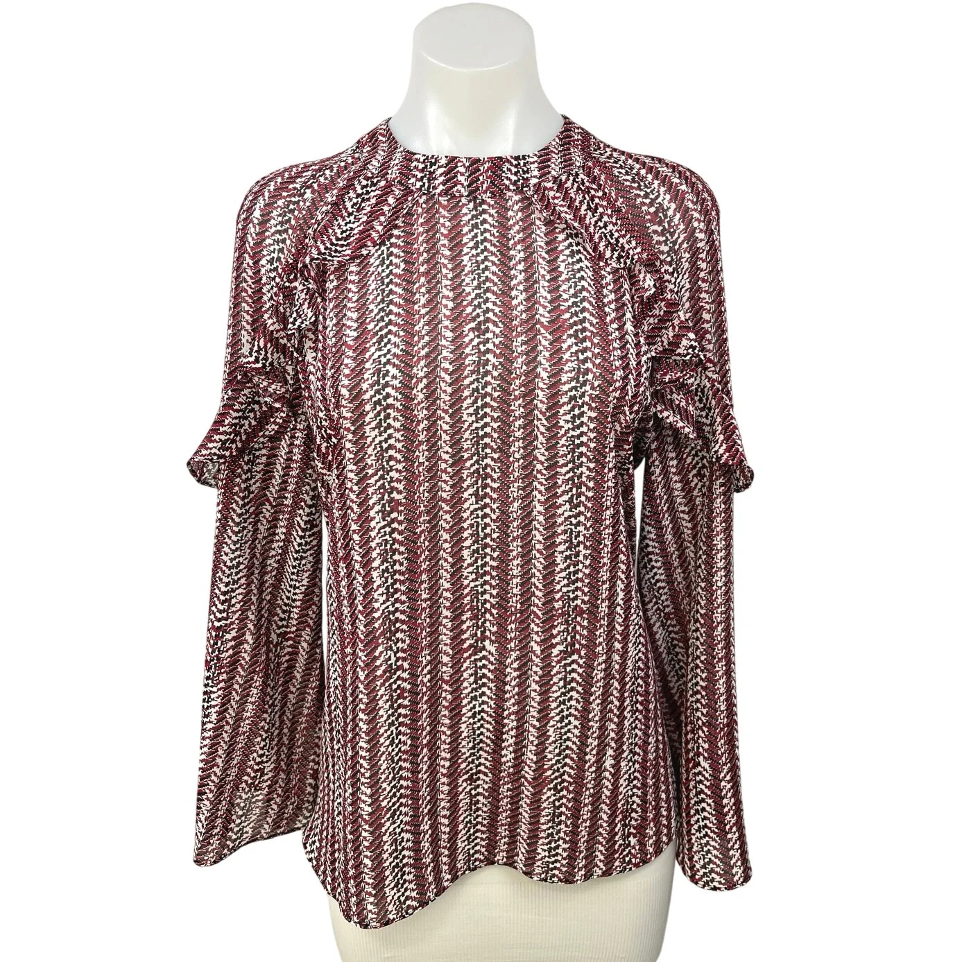 Reiss Red Multicolor Ruffle Bell Long Sleeve Mock Neck Printed Blouse Top Size 0