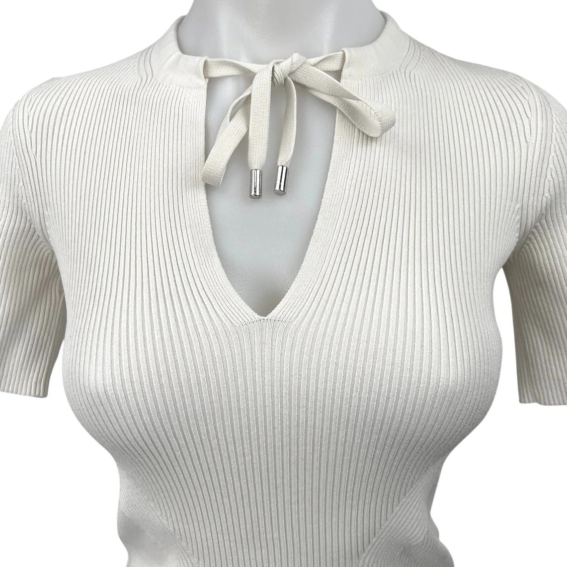 Reiss Women's White Rib Knit Tie Neck Short Sleeve Pullover Sweater Shirt Top S - Image 3