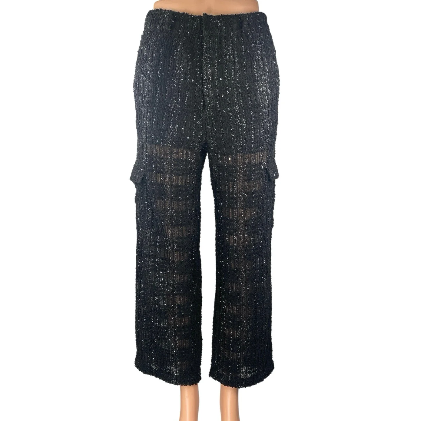 Religion Black Metallic Tweed Knit Straight High Waist Cargo Trousers Pants Sz M