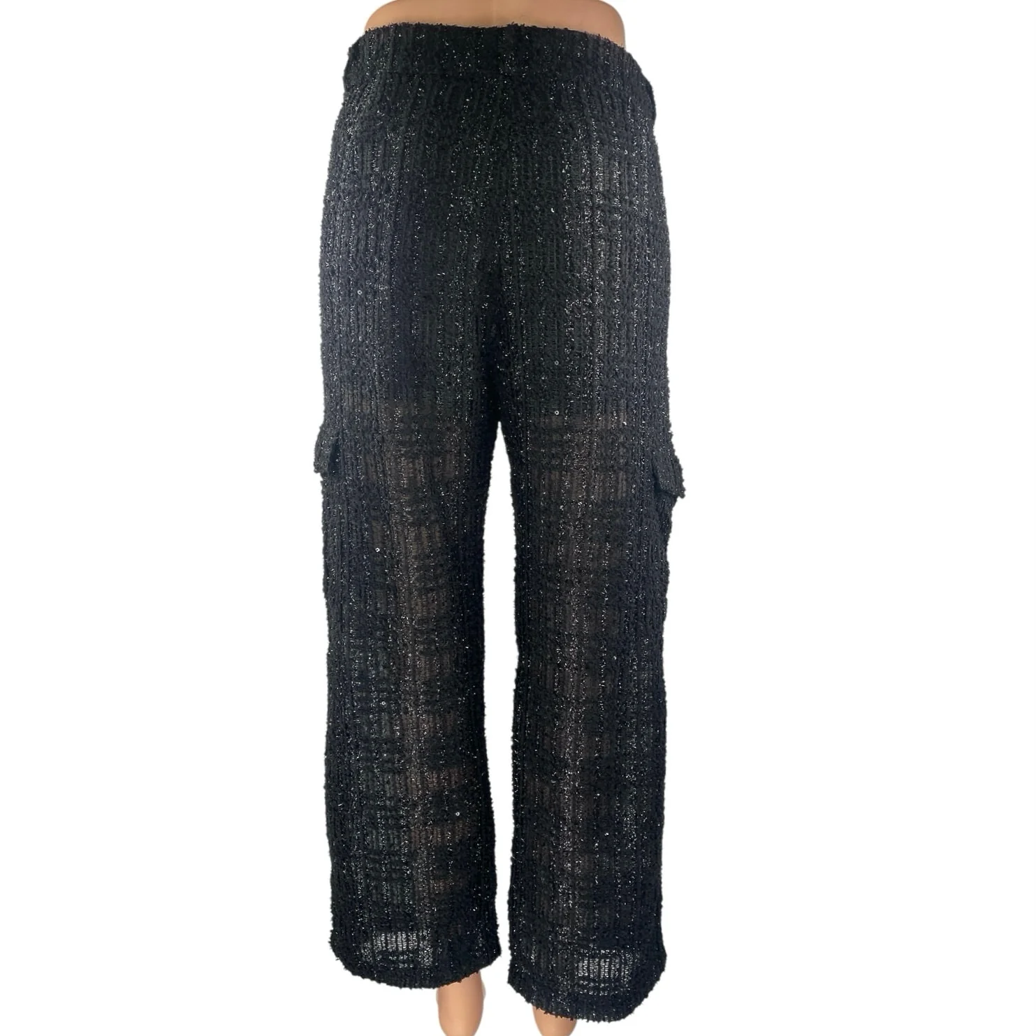 Religion Black Metallic Tweed Knit Straight High Waist Cargo Trousers Pants Sz M - Image 3