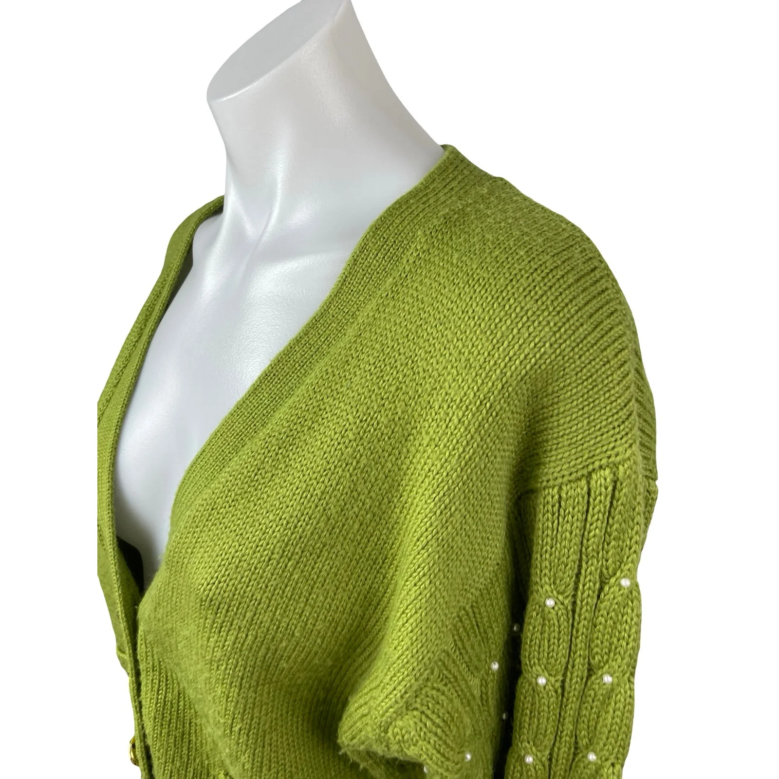 Rene Derhy Green Beaded Pearl Cable Knit Button Up Crop Cardigan Sweater Size M - Image 5