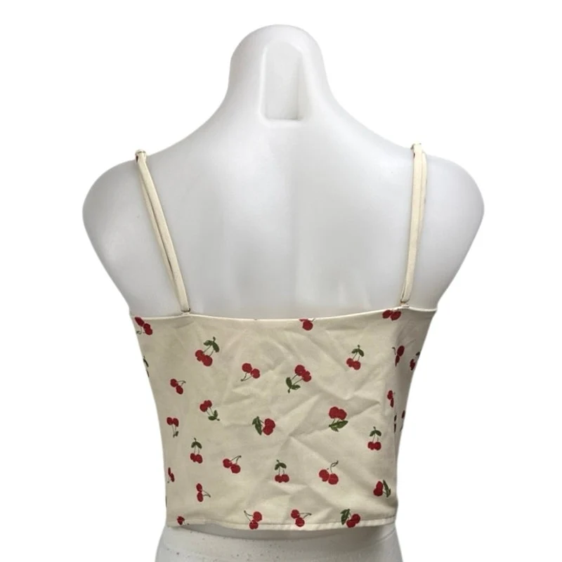 RESA Cream Red Cherry Print Sleeveless Corset Bustier Button Cami Crop Top M - Image 2