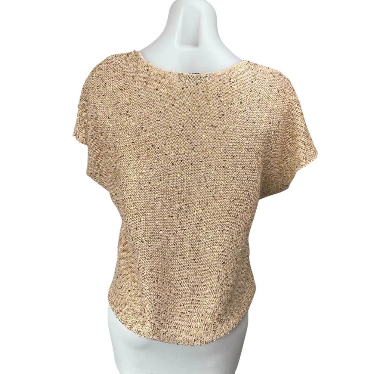 Reserved Women's Tan Sequin Knit Short Sleeve Deep V-Neck Sweater Top Size M - Image 2