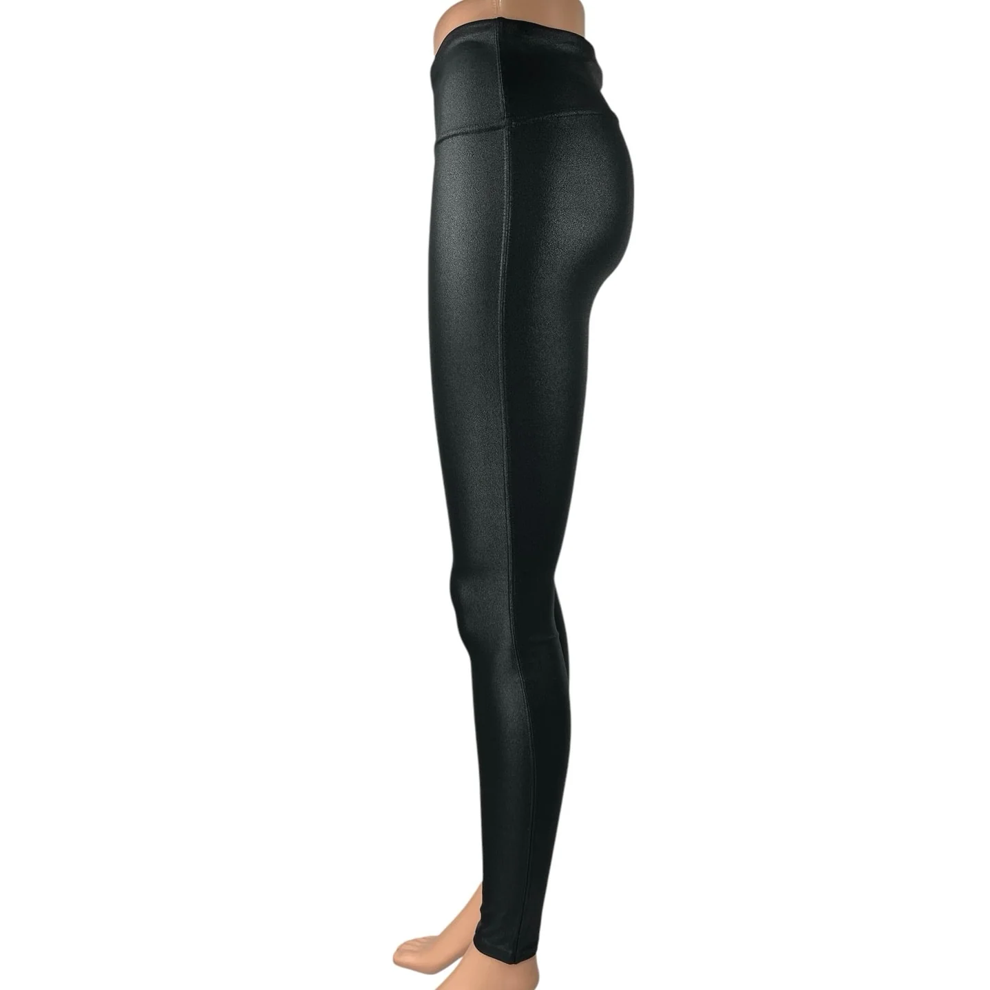 Retro Gong Black Metallic Faux Leather Mid Rise Athletic Tight Leggings Pants M - Image 2