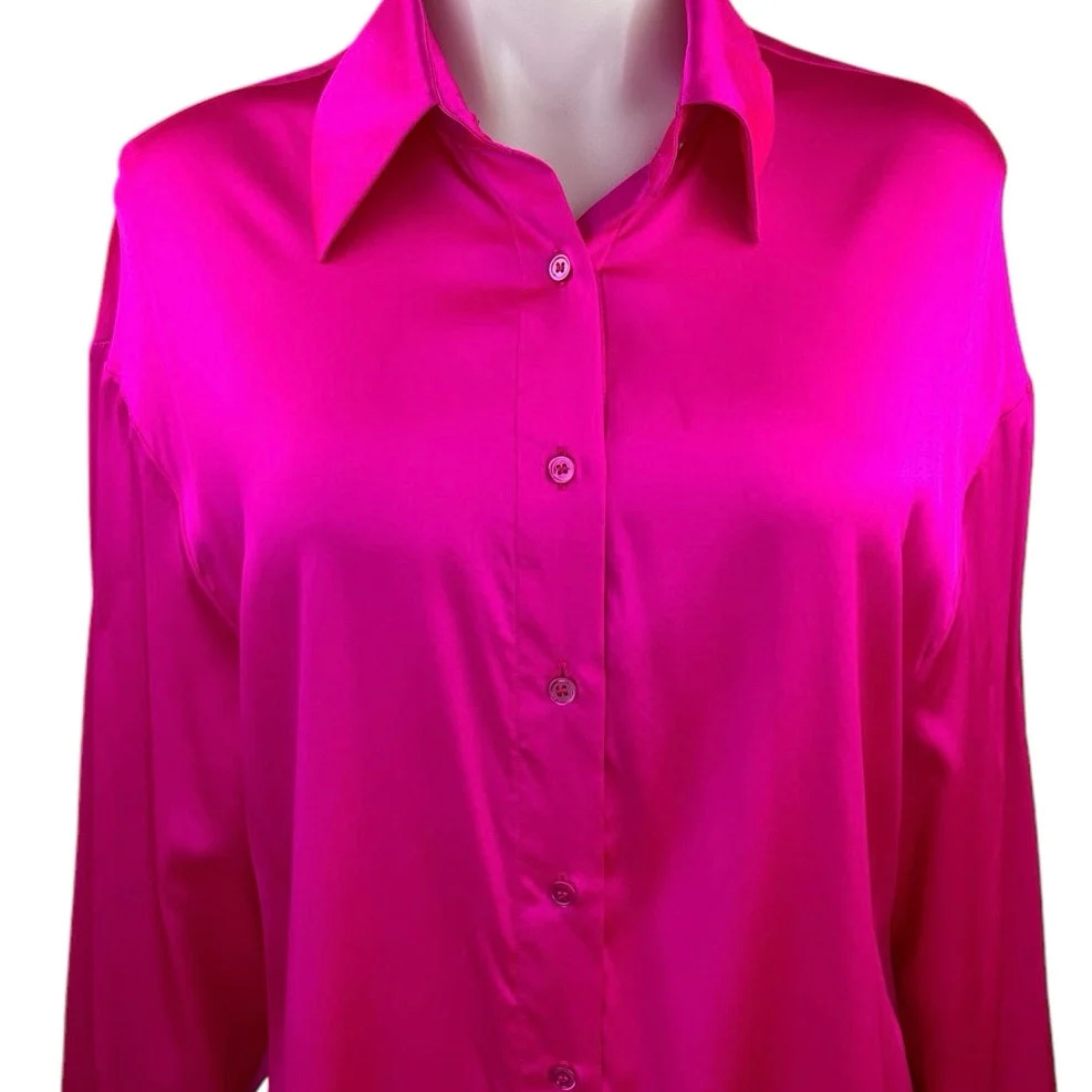 Retrofete Fuchsia Pink Silk Satin Long Sleeve Button Down Shirt Top Size XS - Image 3