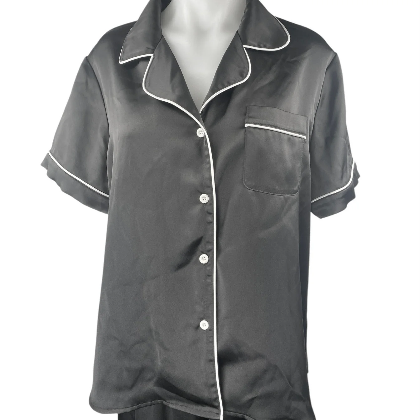Revelry Black Satin Silk Short Sleeve Button Up Sleepwear Pajamas Pants Set L/XL - Image 4