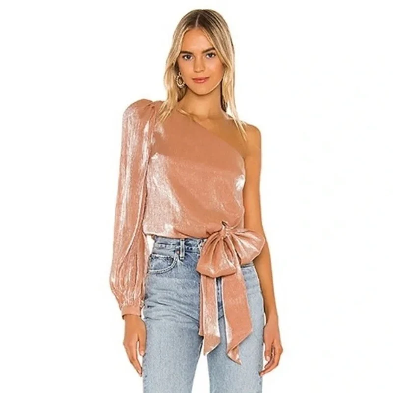 REVOLVE x Lovers + Friends Kendall Rose Metallic One Shoulder Tie Blouse Top S - Image 2