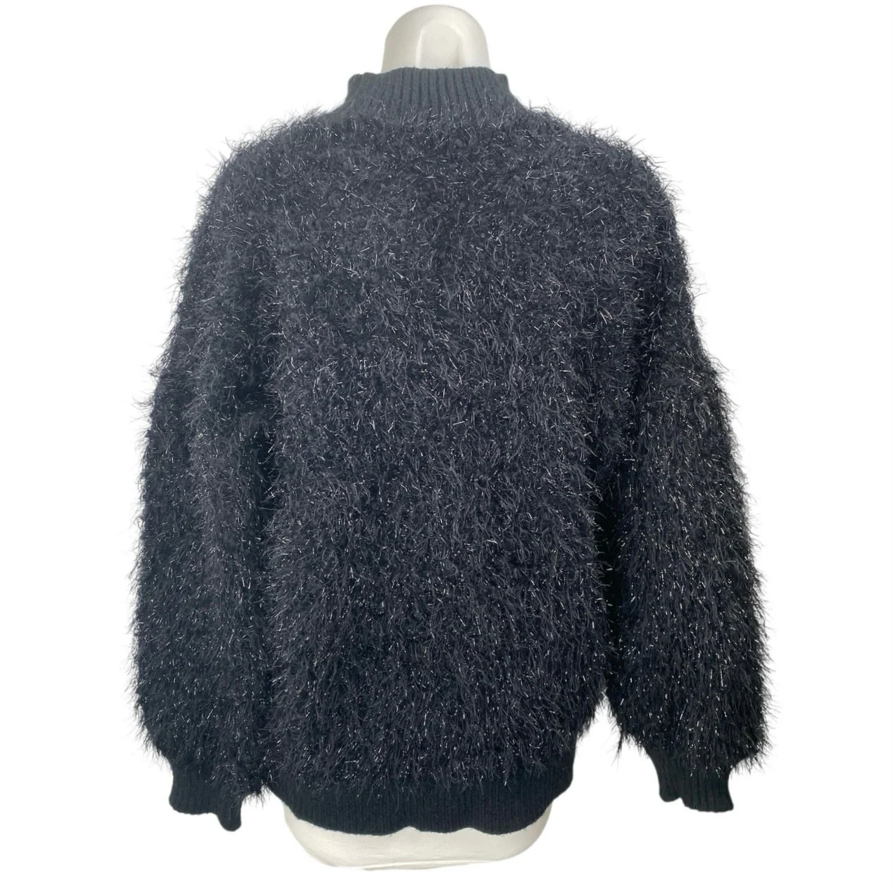 Rich Access Black Metallic Fuzzy Faux Fur Mock Neck Long Sleeve Sweater Top Sz M - Image 2