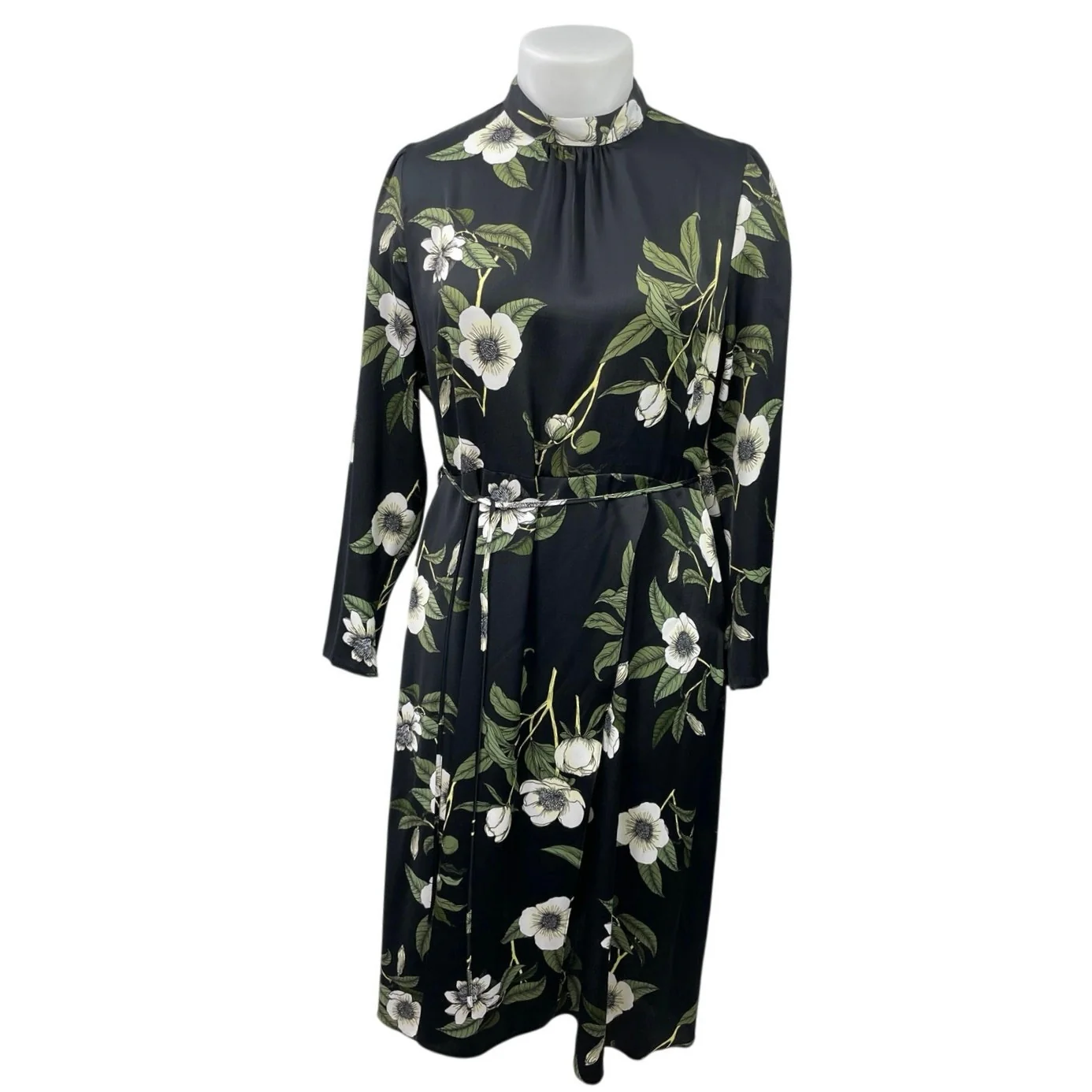 River Island Black Floral Long Sleeve Open Back Mock Neck Wrap A-Line Dress 18