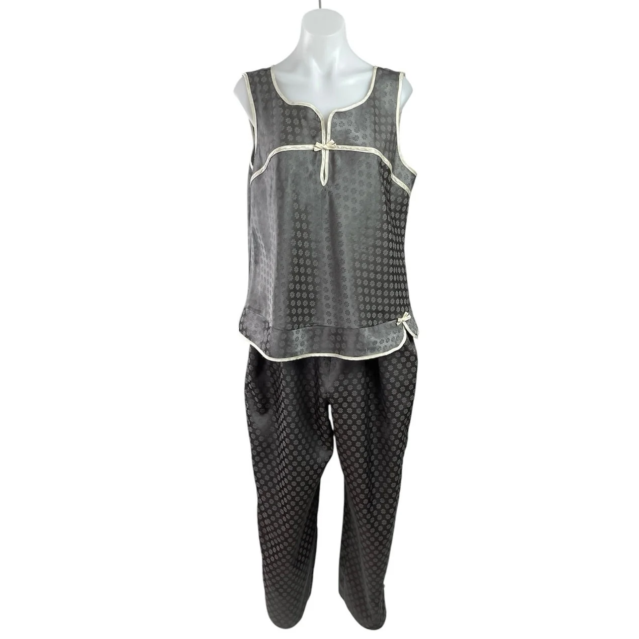 Robert Louis Gray Black Silk Satin Floral Bow Sleeveless Sleepwear Pajamas Set L