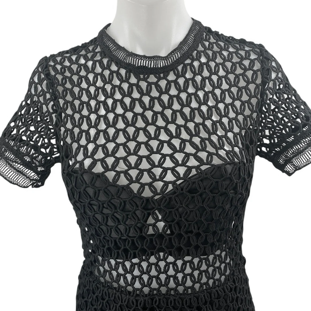 RoseLani Black Cutout Lace Overlay High Neck Short Sleeve Midi A-Line Dress Sz M - Image 3