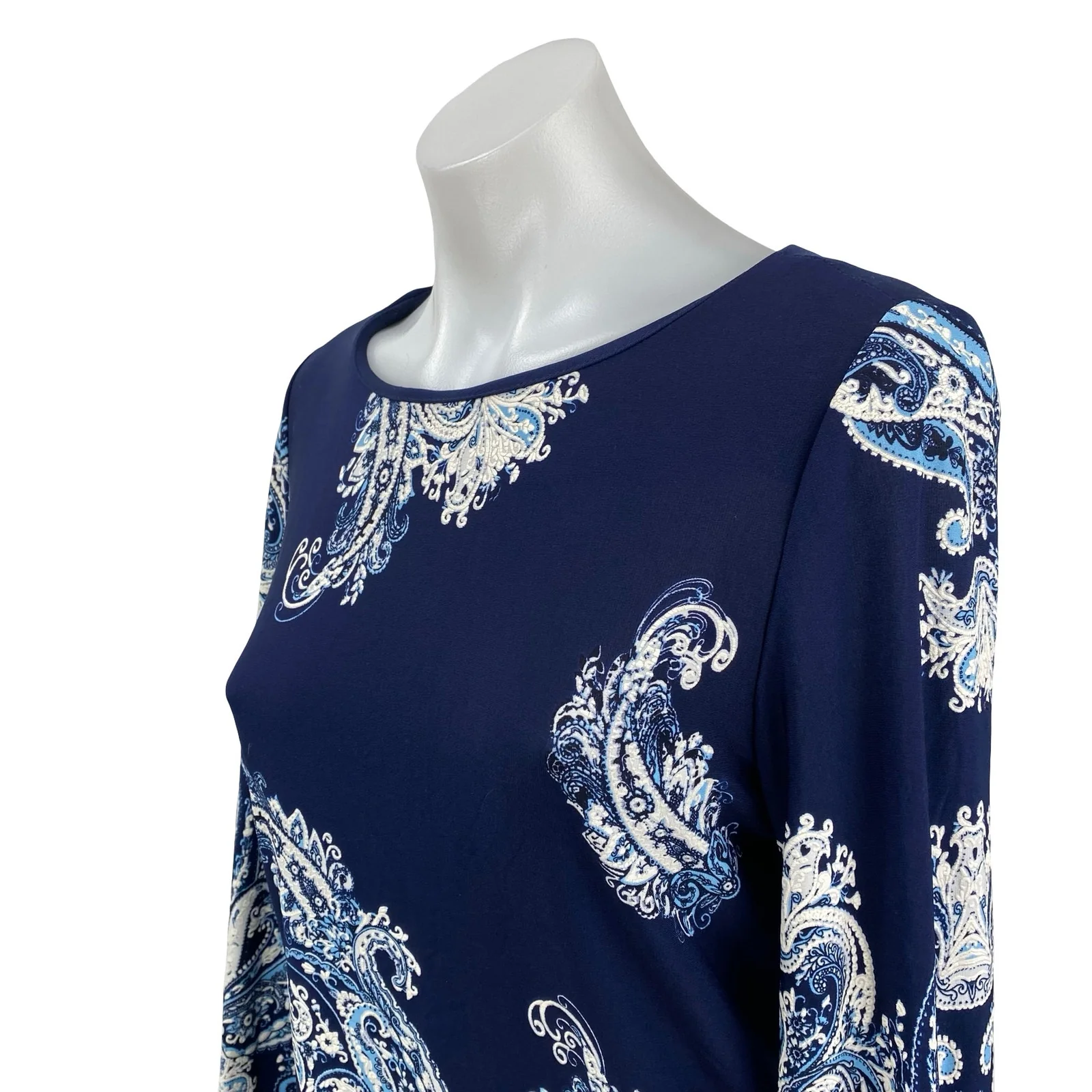 Roz & Ali Petite Women's Blue White Paisley 3/4 Bell Sleeves Midi Shift Dress 6 - Image 2