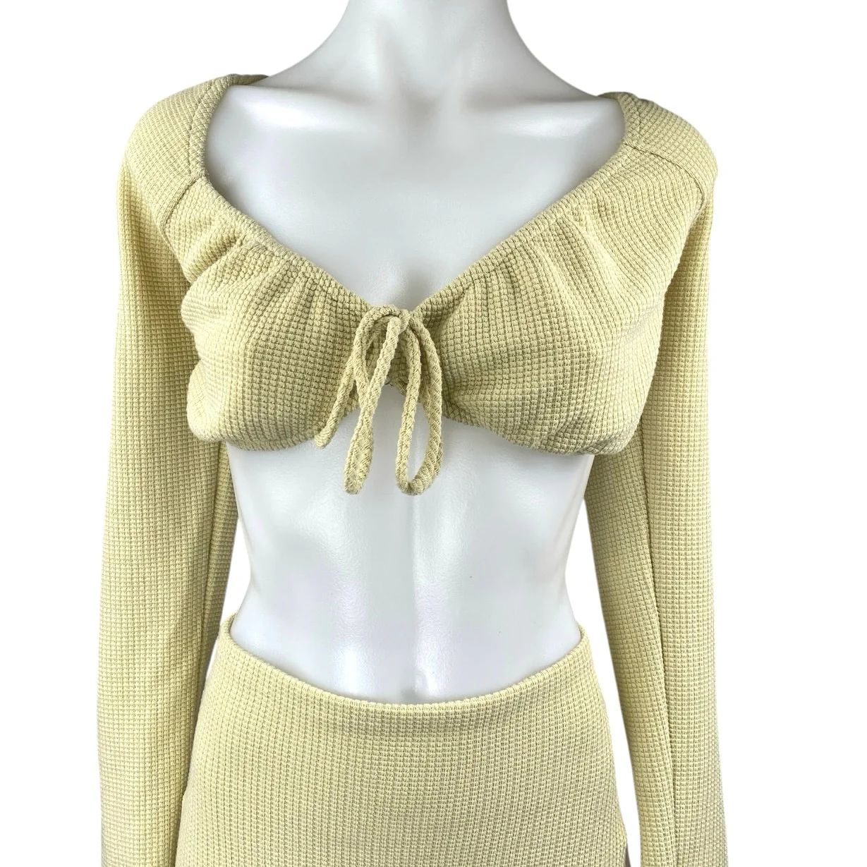 Sabo Yellow Waffle Knit Long Sleeve Crop Top Pencil Midi Skirt 2 Pc Set Size 6 - Image 4