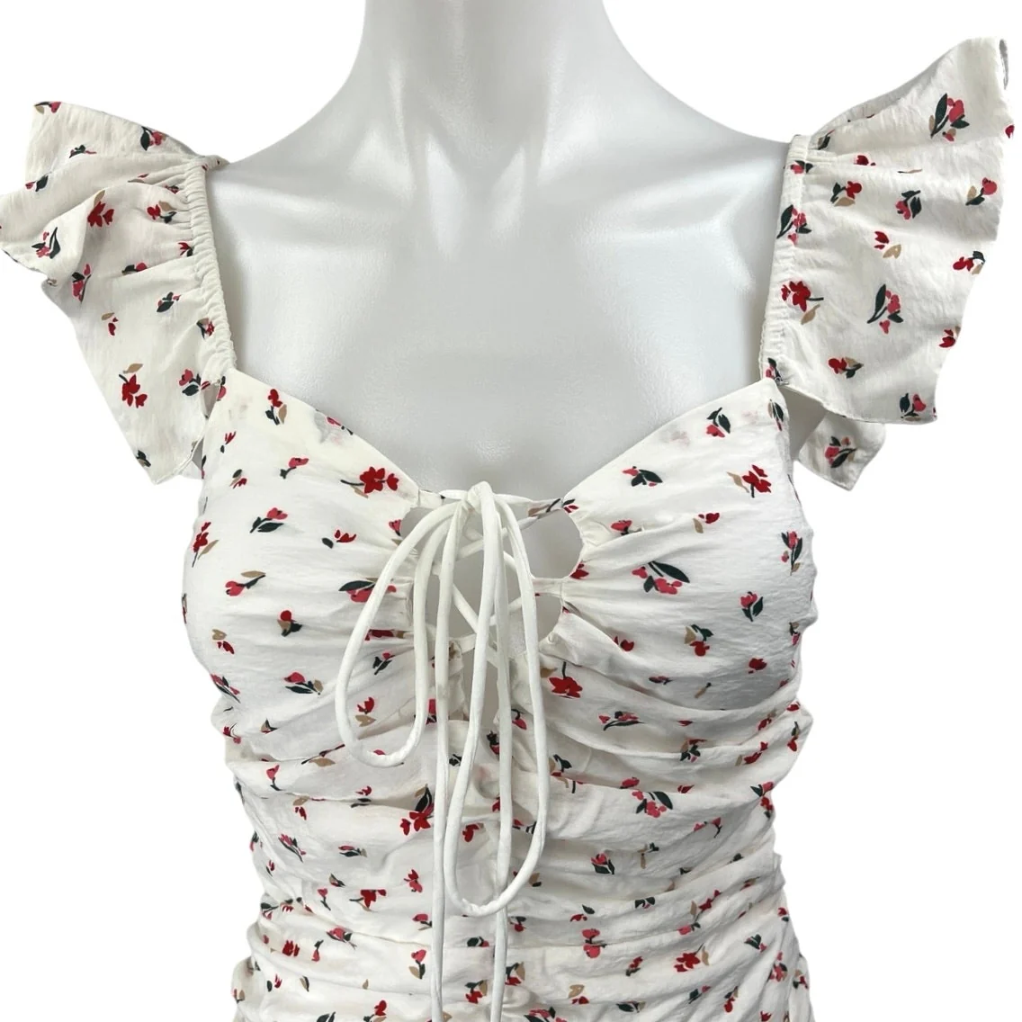 Sage White Floral Sleeveless Flutter Sleeve Lace-up Ruched Mini Bodycon Dress S - Image 3