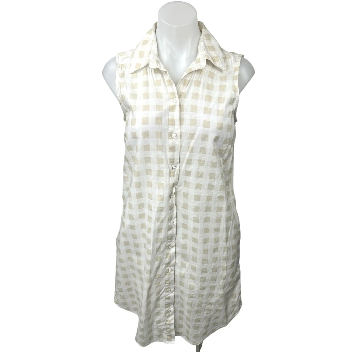 Saks Fifth Avenue White Tan Linen Checkered Button Up Sleeveless Shirt Dress S