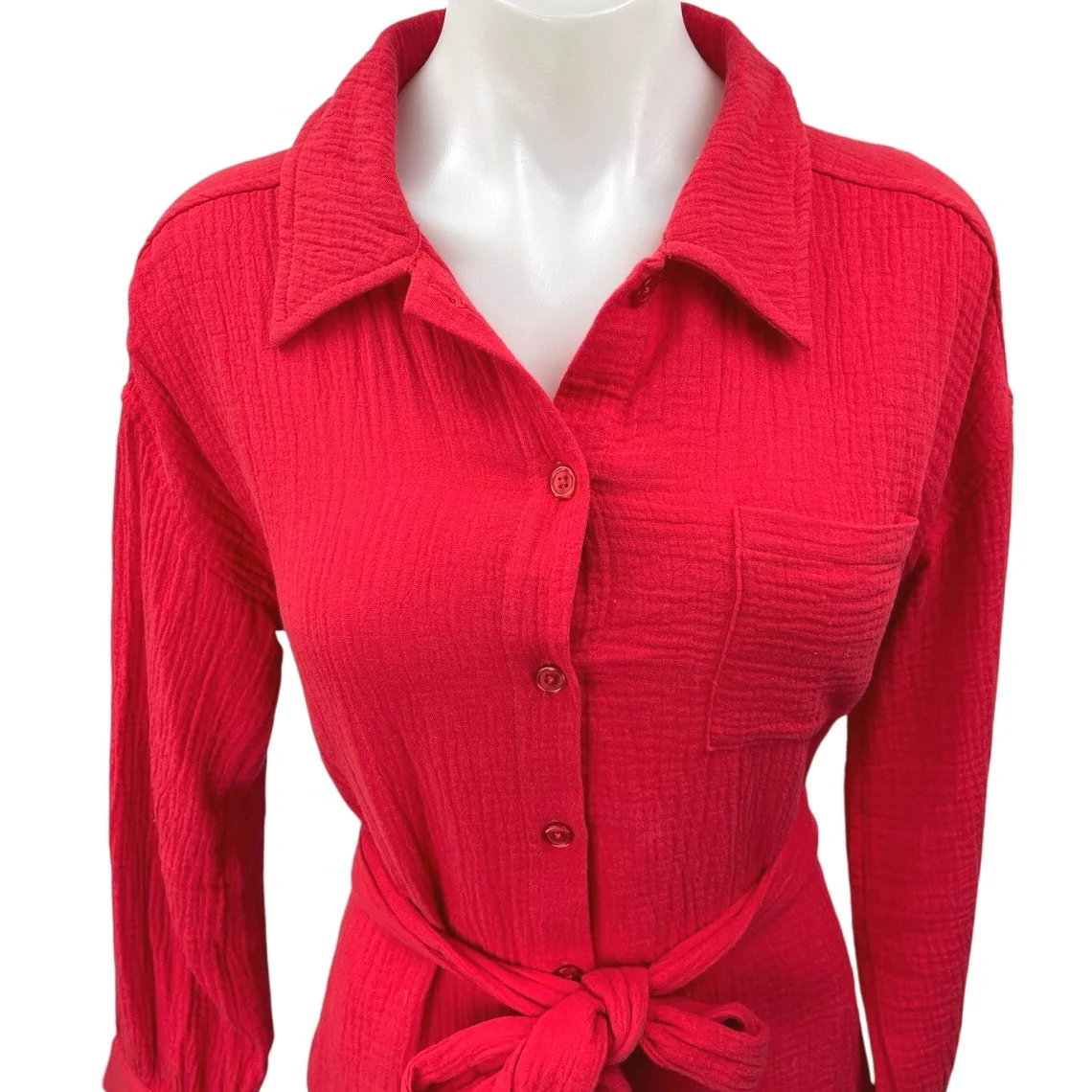 Saks Fifth Avenue Women's Red Long Sleeve Belted Button Down Mini Shirt Dress S - Image 3