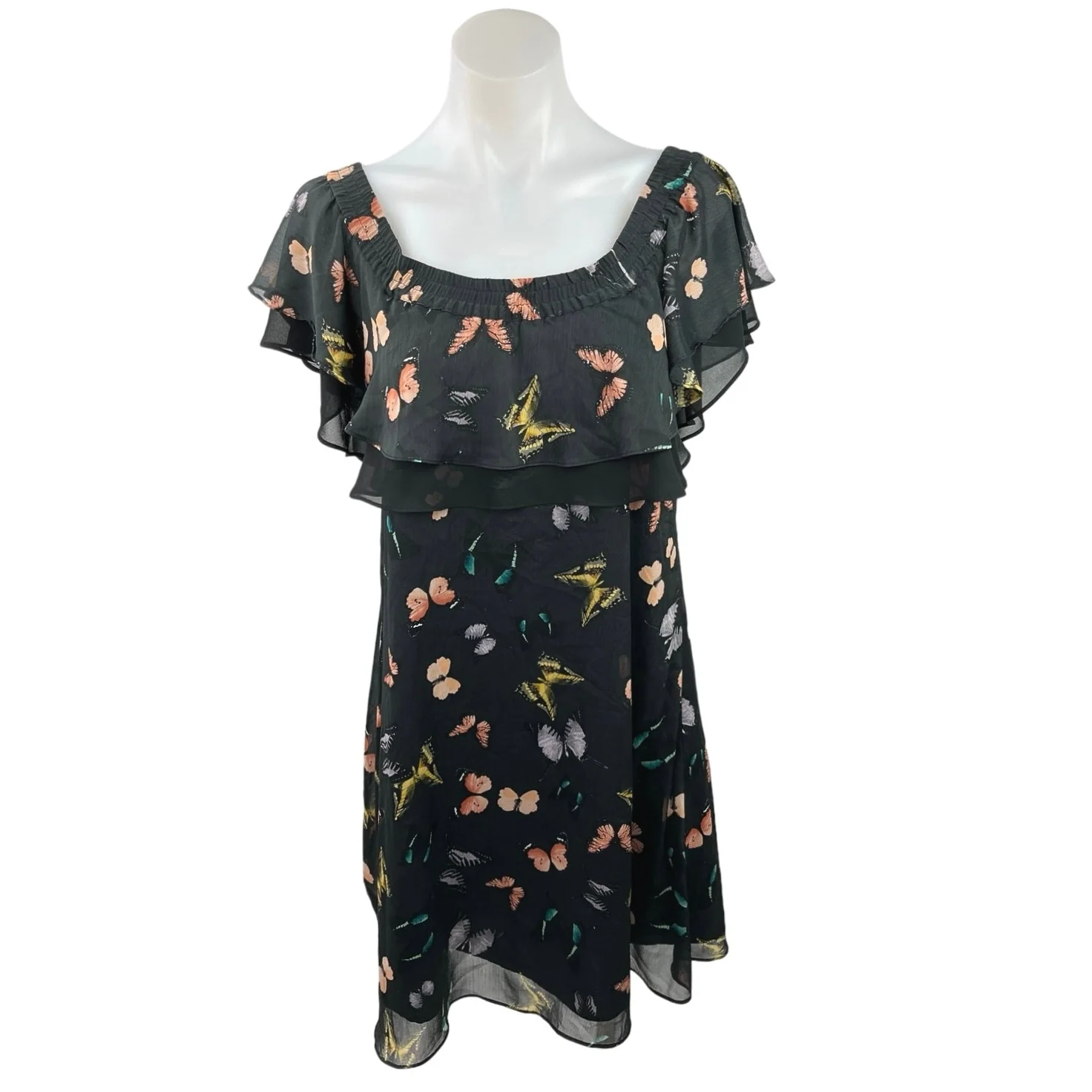 Sam Edelman Black Silk Chiffon Butterfly Print Off the Shoulder Mini Dress Sz 2