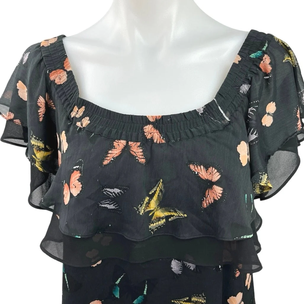 Sam Edelman Black Silk Chiffon Butterfly Print Off the Shoulder Mini Dress Sz 2 - Image 6