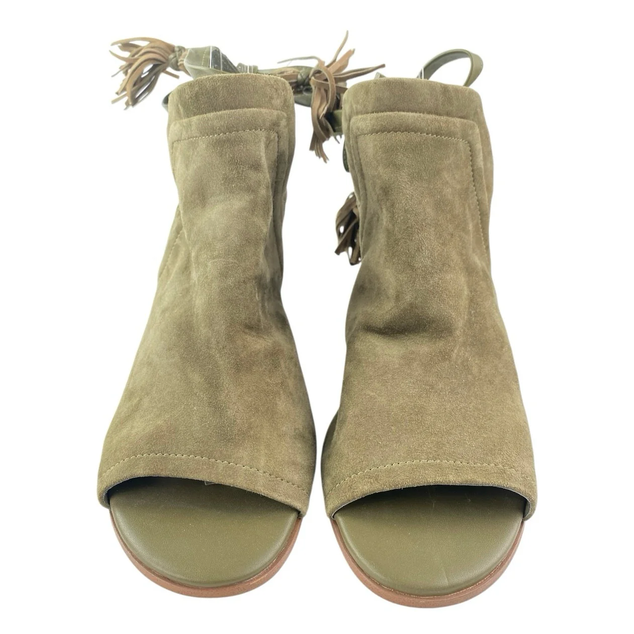 Sam Edelman Sampson Green Suede Tassel Ankle Tie Peep Toe Heeled Mule Sandals 8 - Image 2