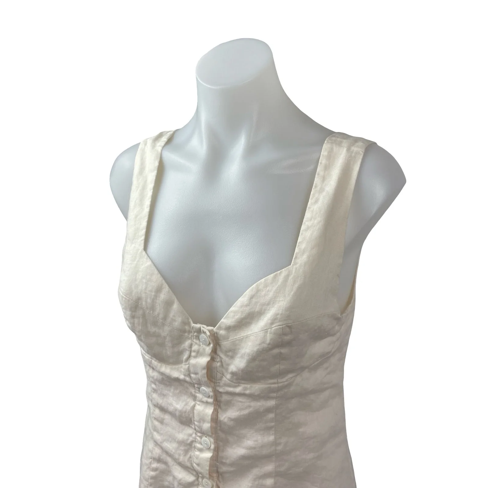 Sancia Beige 100% Linen Sleeveless Sweetheart Button Up Tank Shirt Midi Dress M - Image 2
