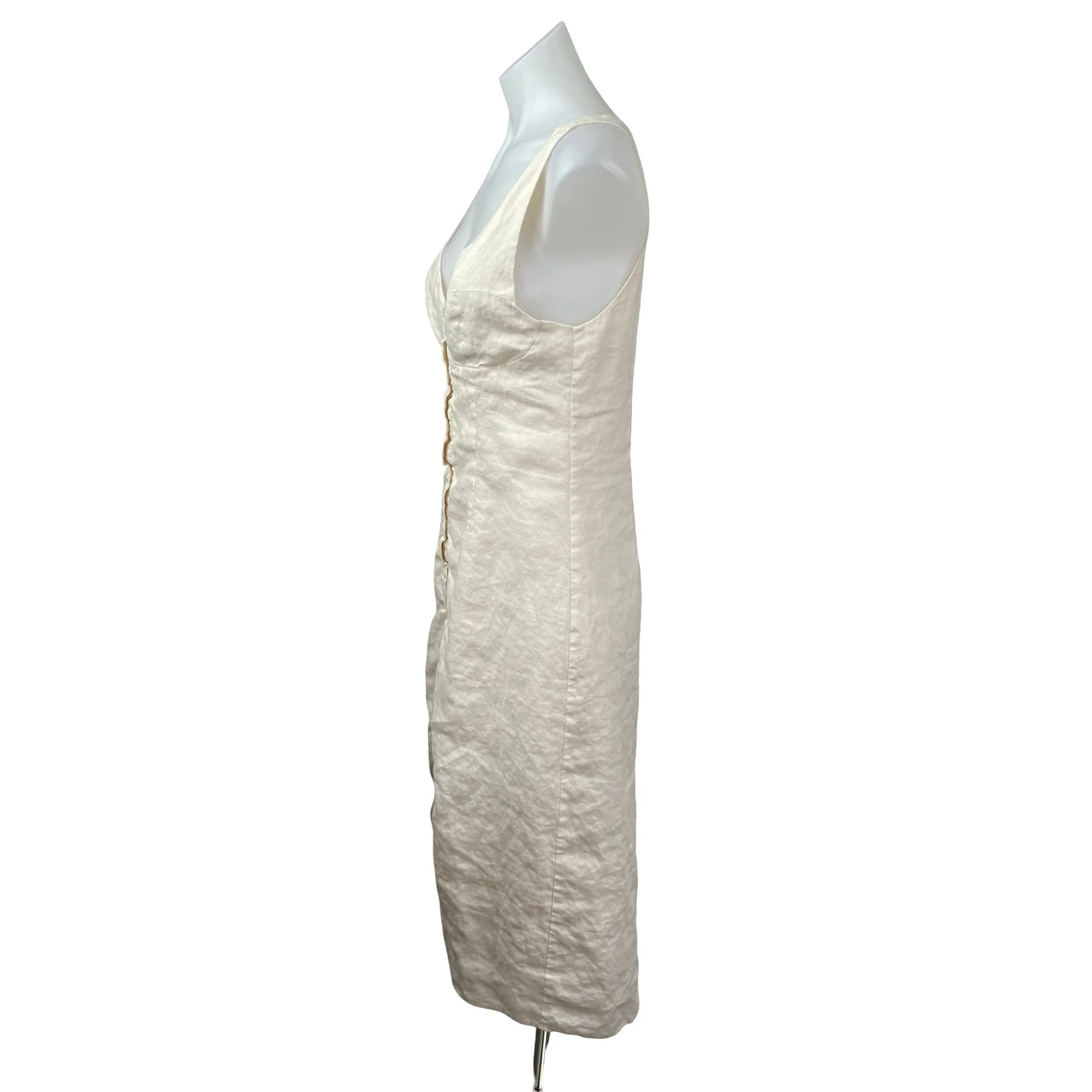 Sancia Beige 100% Linen Sleeveless Sweetheart Button Up Tank Shirt Midi Dress M - Image 3
