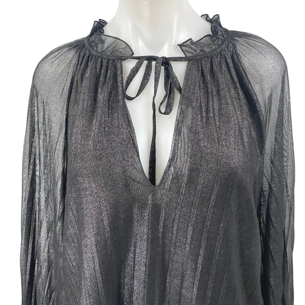 Sanctuary Live It Up Gray Metallic Long Sleeve Ruffle Tie V-Neck Blouse Top XS - Image 4