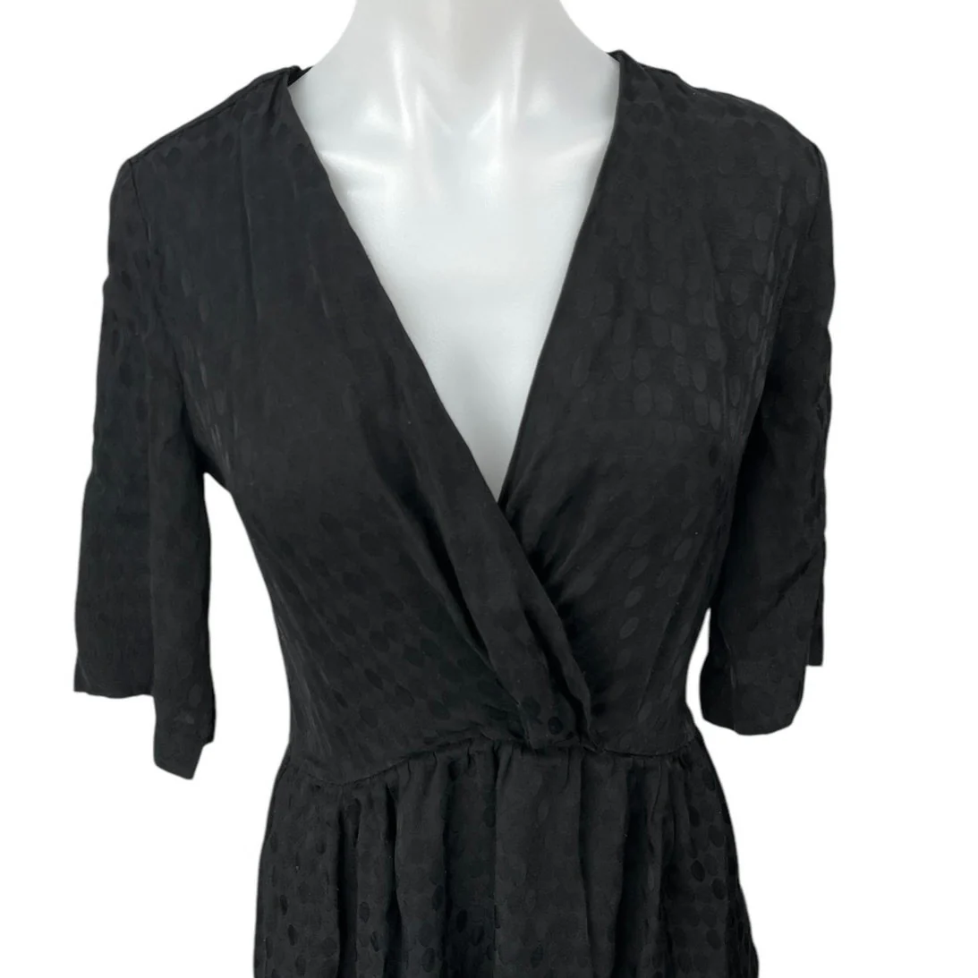 Sandro Black Polka Dots Short Sleeve Deep V Neck Faux Wrap Mini Dress Size S - Image 3