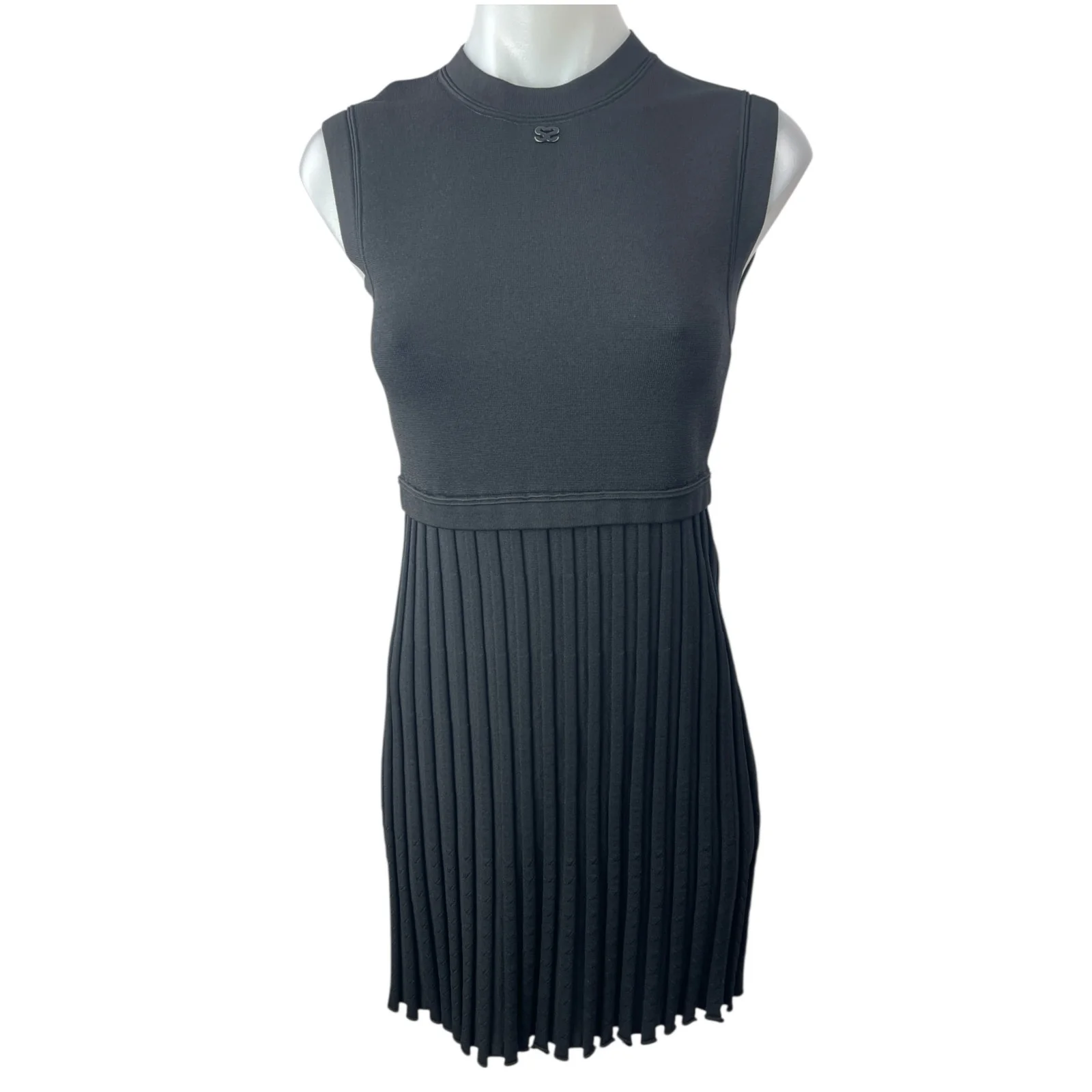 Sandro Pleated Black Crew Neck Sleeveless Pleated Mini Tank A-Line Dress Sz S/M
