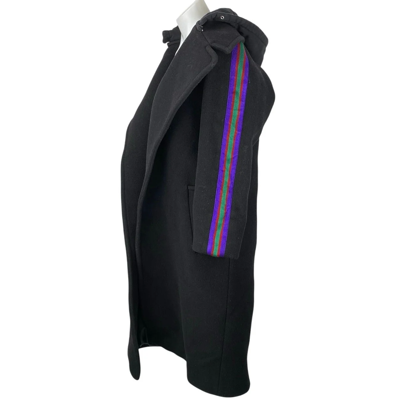 Sandro Womens Black Wool Striped Long Sleeve Hooded Hoodie Long Coat Jacket US 6 - Image 2