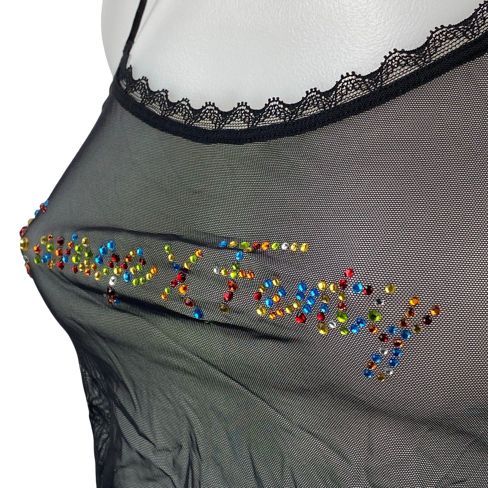 Savage x Fenty Black Rhinestone Logo Lace Sheer Mesh Cami Tank Crop Top Size XS - Image 3