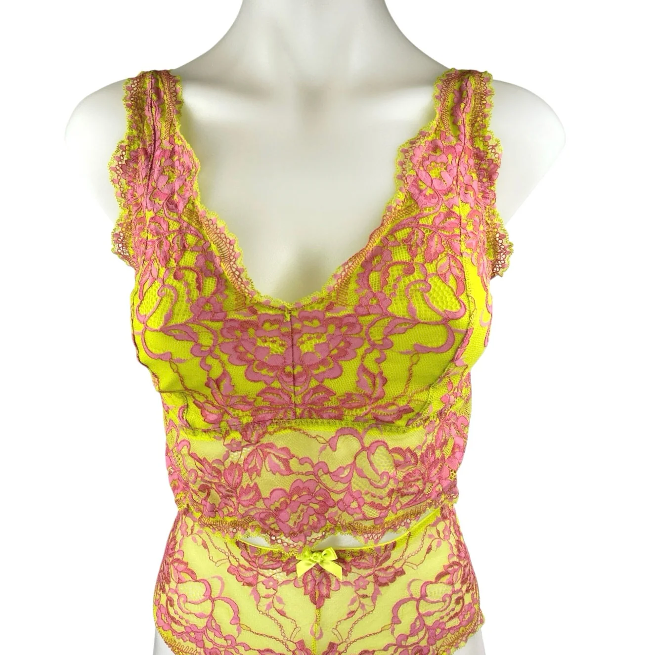 Savage x Fenty Yellow Pink Lace Brallete High Waist Bottom Lingerie 2 Pc Set 1XL - Image 3
