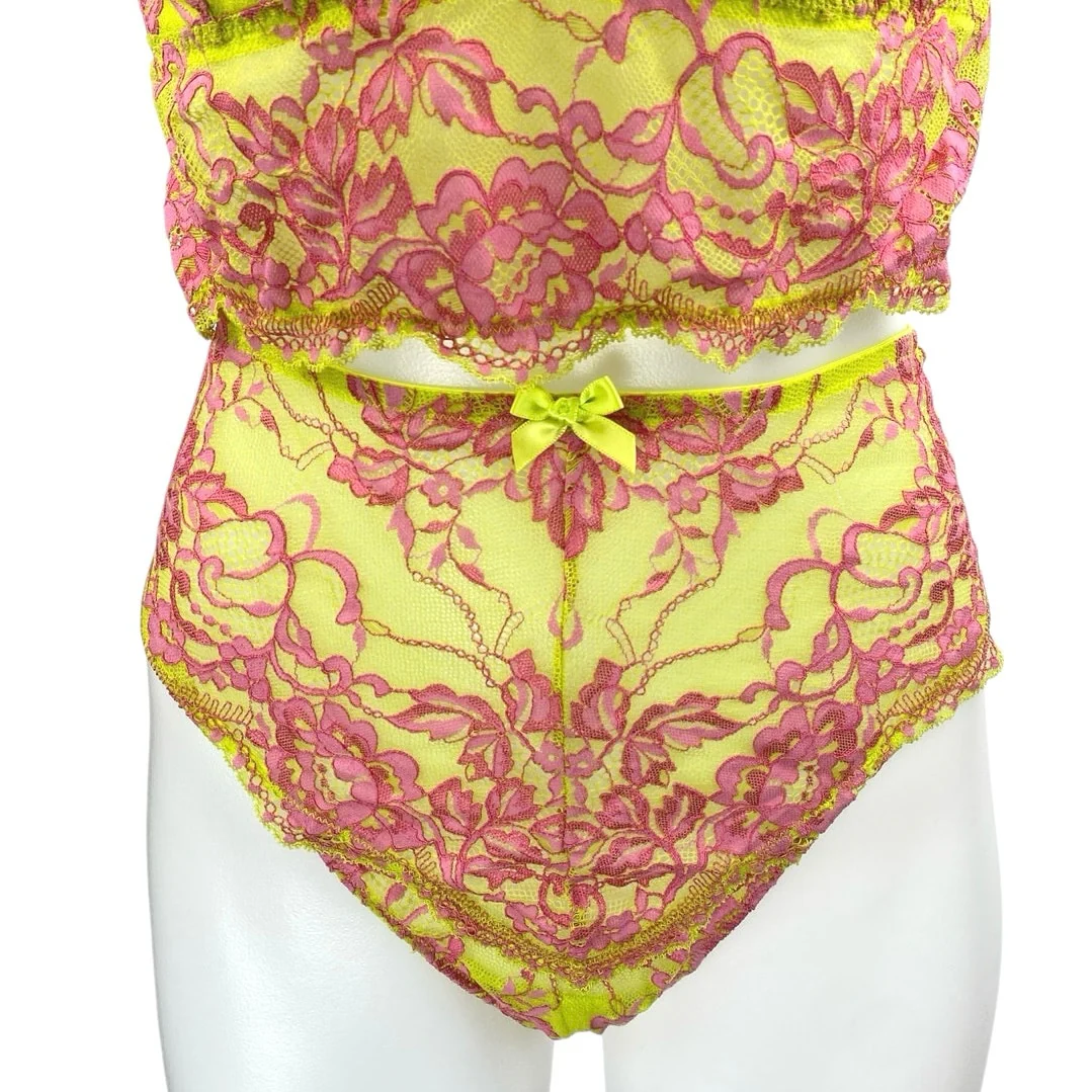 Savage x Fenty Yellow Pink Lace Brallete High Waist Bottom Lingerie 2 Pc Set 1XL - Image 4