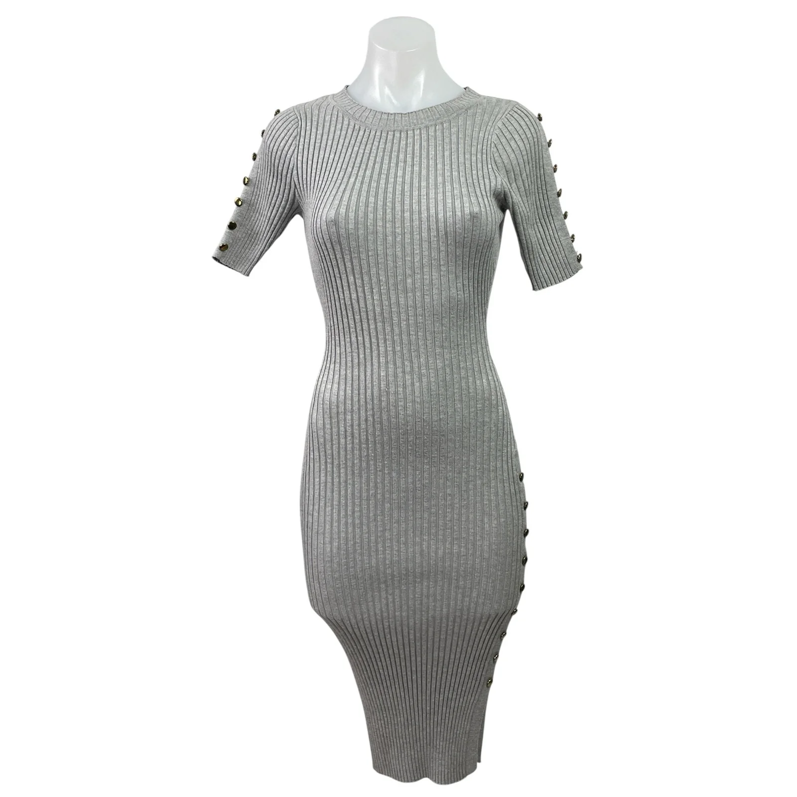 Say What? Gray Rib Knit Crew Neck Gold Button Short Sleeve Midi Bodycon Dress L