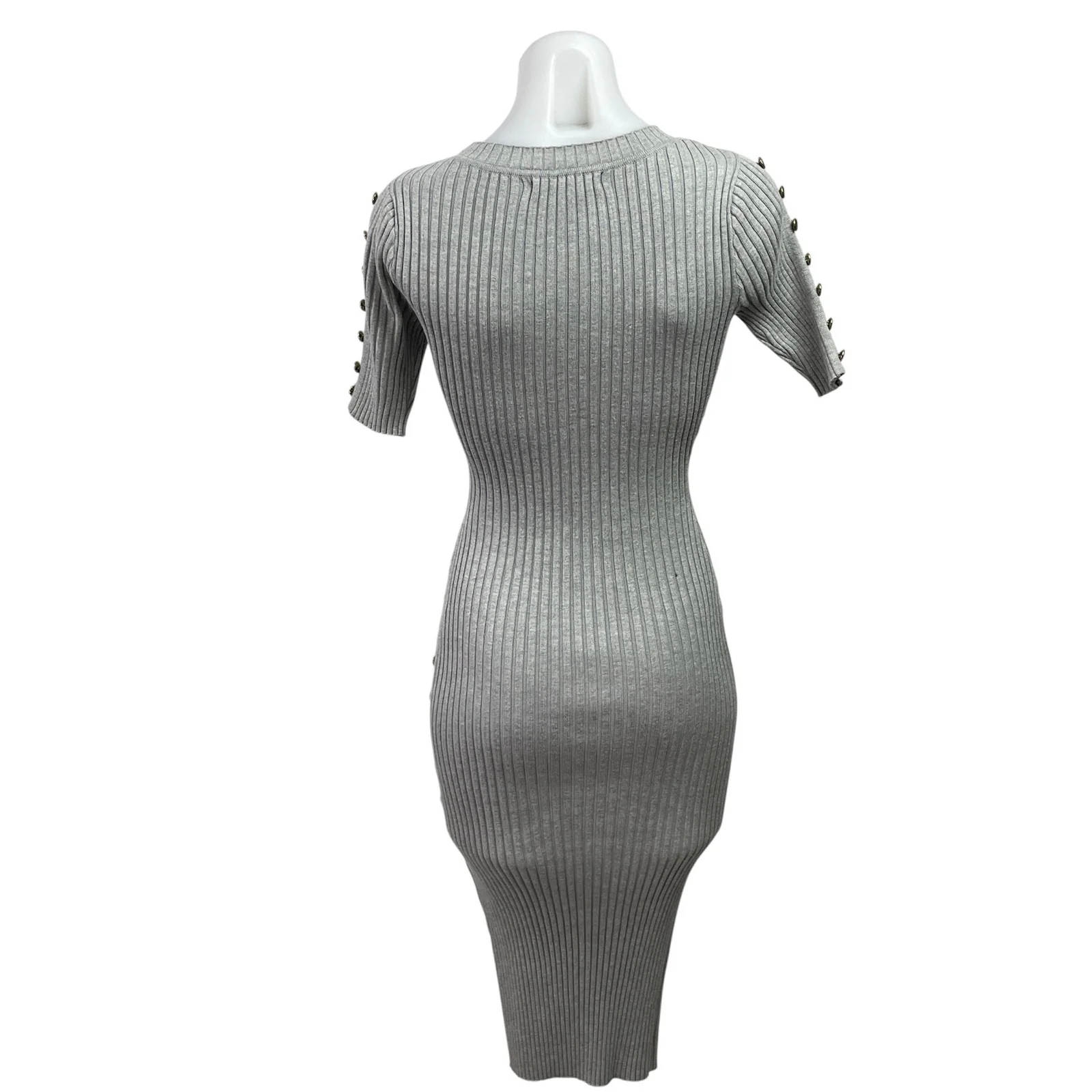 Say What? Gray Rib Knit Crew Neck Gold Button Short Sleeve Midi Bodycon Dress L - Image 3