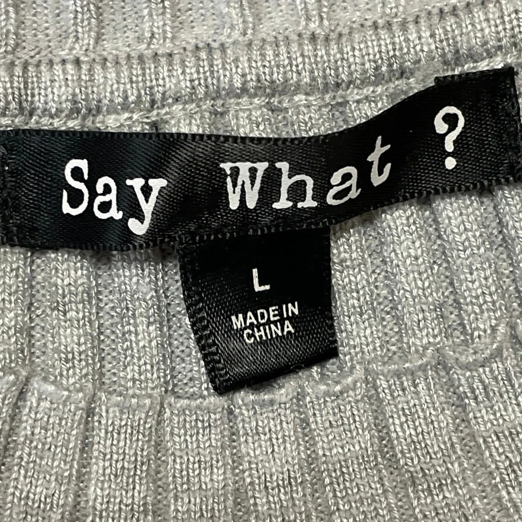 Say What? Gray Rib Knit Crew Neck Gold Button Short Sleeve Midi Bodycon Dress L - Image 4