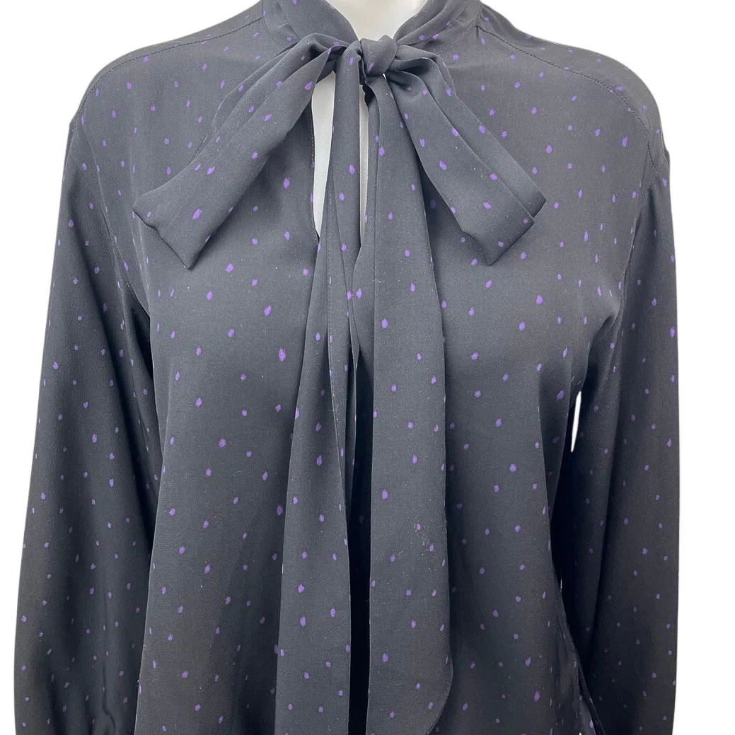 Scanlan Theodore Gray 100% Silk Polka Dots Bow Tie Long Sleeve Blouse Top Size 4 - Image 3