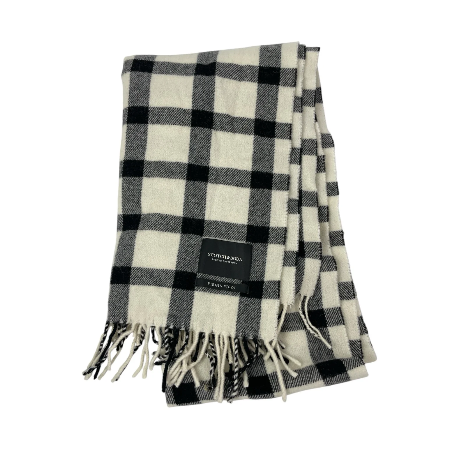 Scotch & Soda Wool Black White Plaid Check Fringe Snow Shawl Wrap Neck Scarf OS
